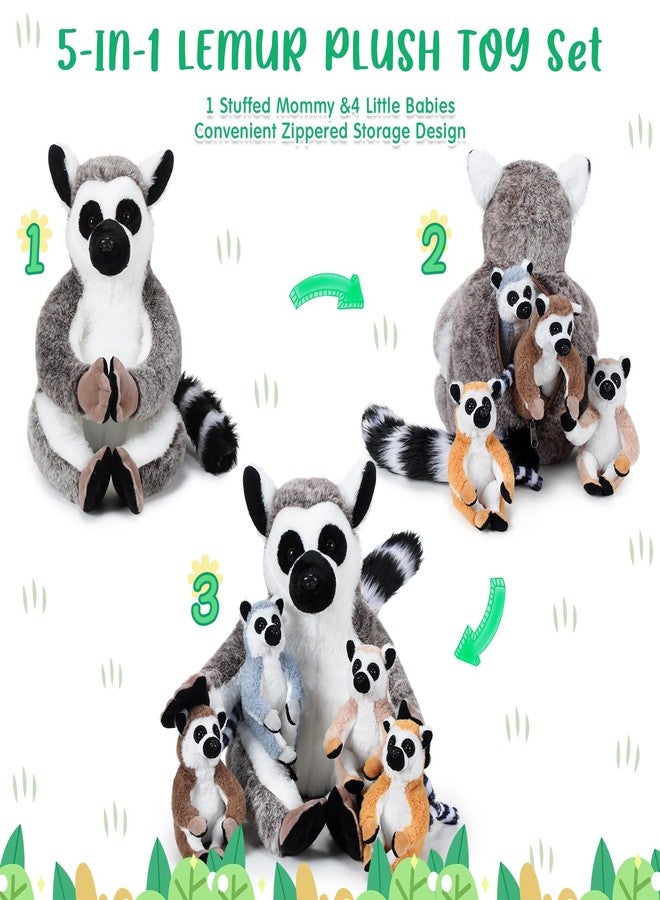 RoundFunny 5 Pcs Lemur Stuffed Animal Set Mommy Lemur Plush with 4 Cute Babies in Her Tummy Soft Cuddly Plush Toys for Boys Girls Birthday Gifts Baby Shower Woodland Party Decor - Image 5
